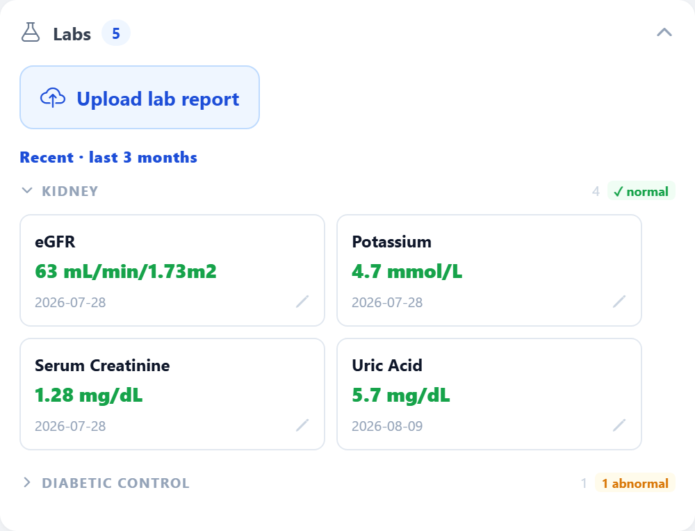 The labs panel: values grouped by panel, dated, and flagged normal or abnormal